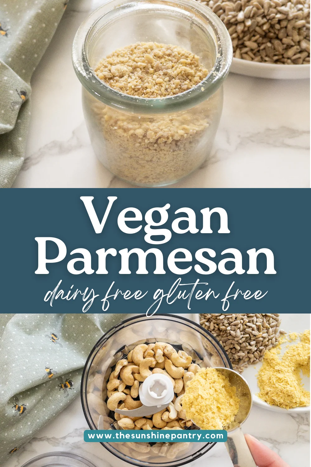 Easy homemade parmesan dairy free recipe. Filled with healthy fats and cheesy flavor, it's a great substitute for parmesan cheese. Suitable for vegan, dairy free and gluten free diets.