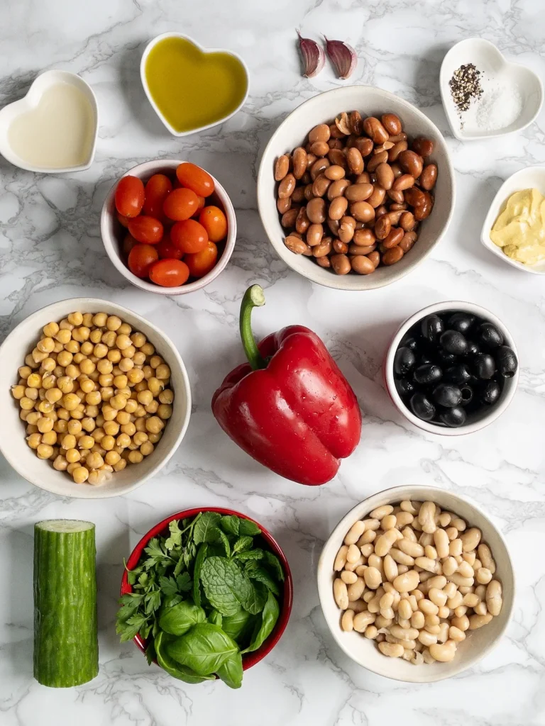 Vegan bean salad ingredients. Canned beans, fresh veg, olives and a tangy mustard dressing.