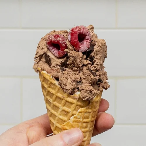 Homemade dairy free chocolate and raspberry ice cream in a cone.