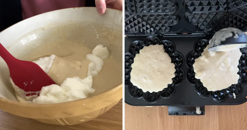 Fold in the egg whites to make fluffy waffle batter