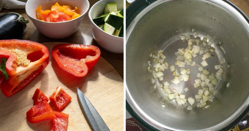 Chop and saute ratatouille vegetables