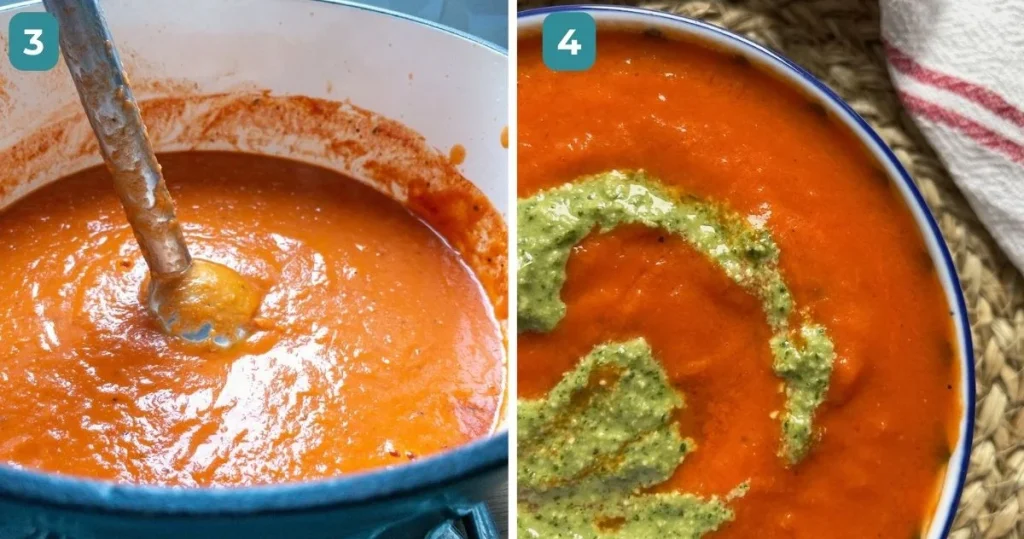 Dairy free tomato soup being blended and then served with a drizzle of vegan and dairy free pesto.