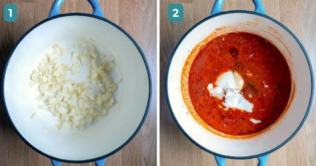 Two images of dairy free tomato soup being prepared in. pan. One sauteing onions and the other with the rest of the tomato soup ingredients ready to cook