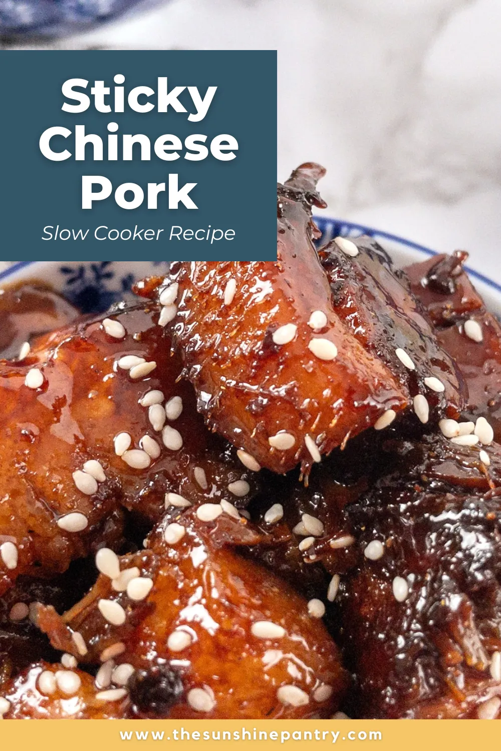 A bowl of deliciously sticky slow cooked chinese-style pork belly with a soy and honey glaze.