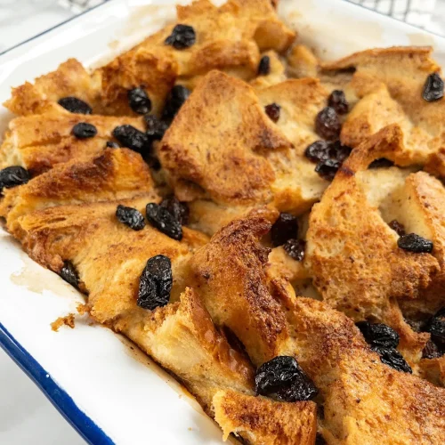 Simple and easy dairy-free bread pudding made with plant-based milk.