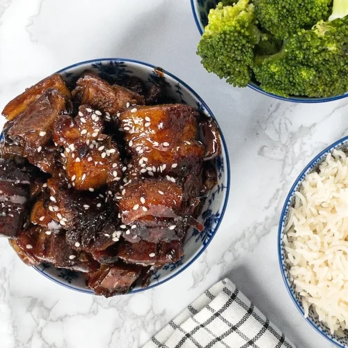 Sticky Pork Belly Served with Steamed Rice and broccoli