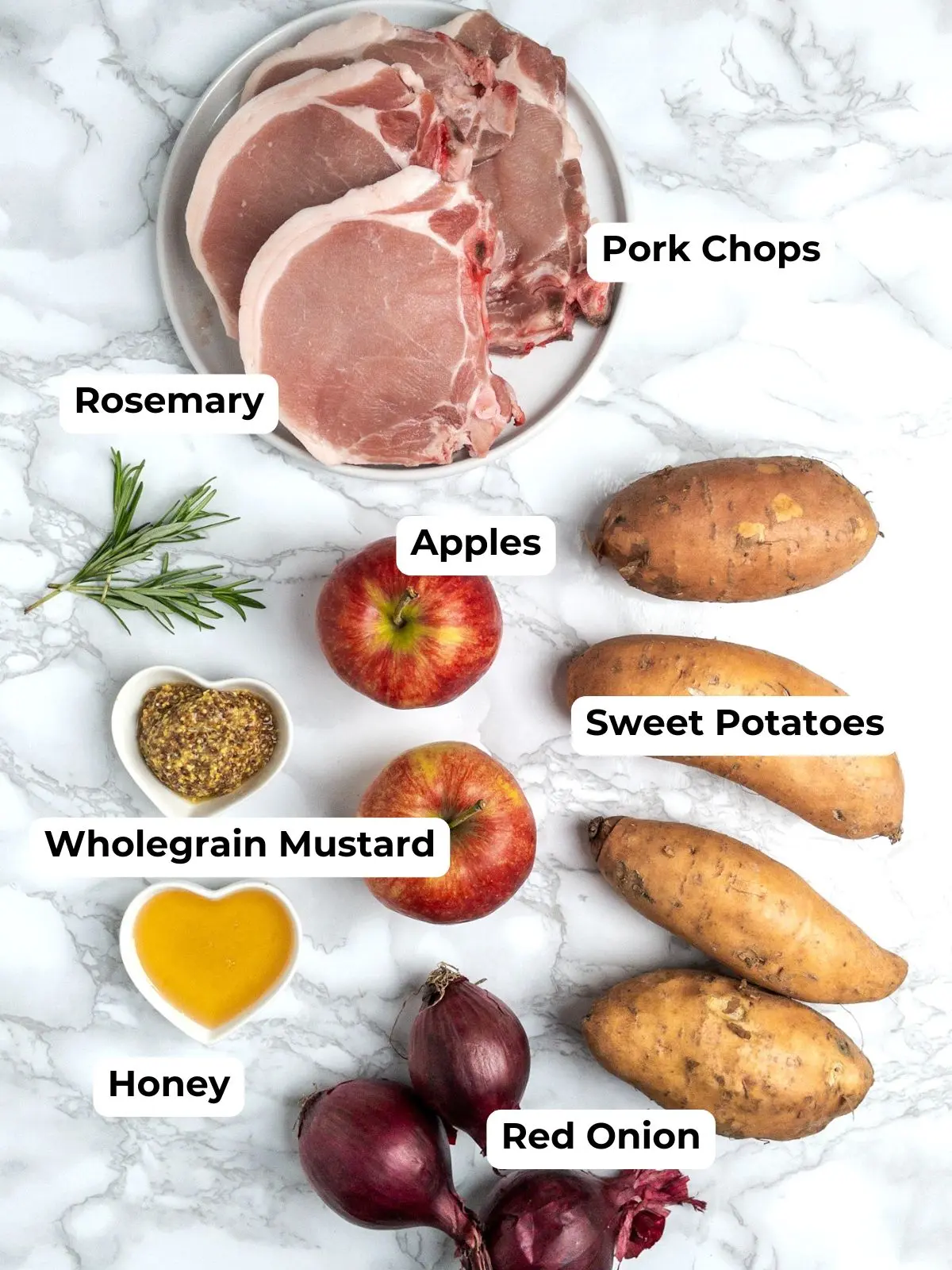 Ingredients for honey mustard pork chops with sweet potatoes and apples.