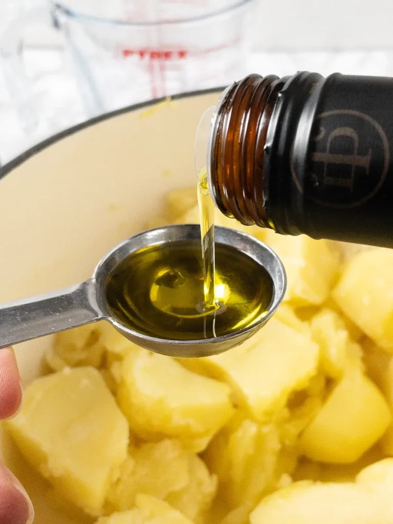 Extra Virgin Olive Oil is added to the potatoes to make a creamy texture.