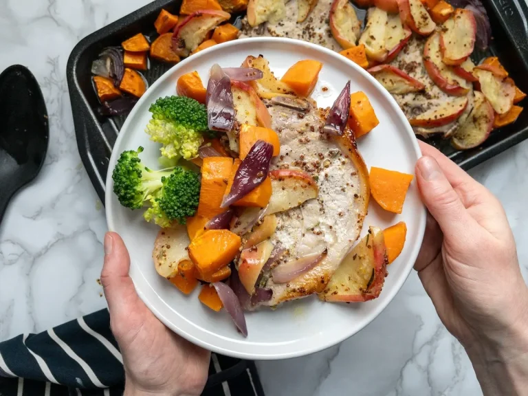 Baked Honey Mustard Pork Chops with Sweet Potato and Apple