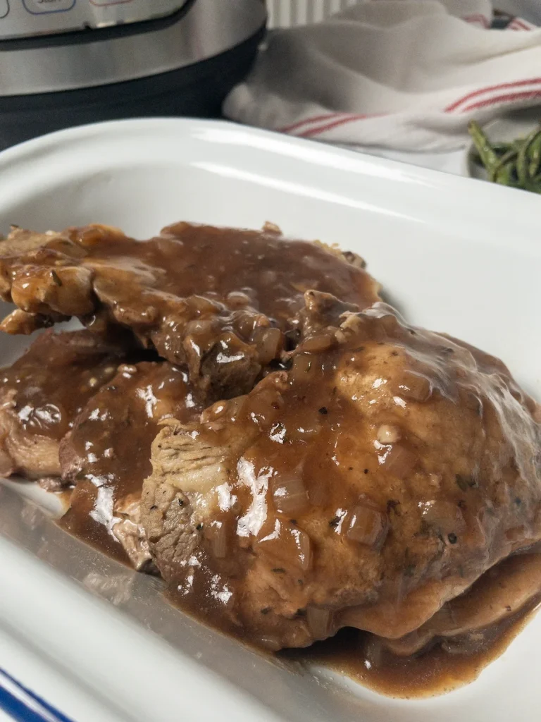 Close-up of finished Instant Pot pork chops