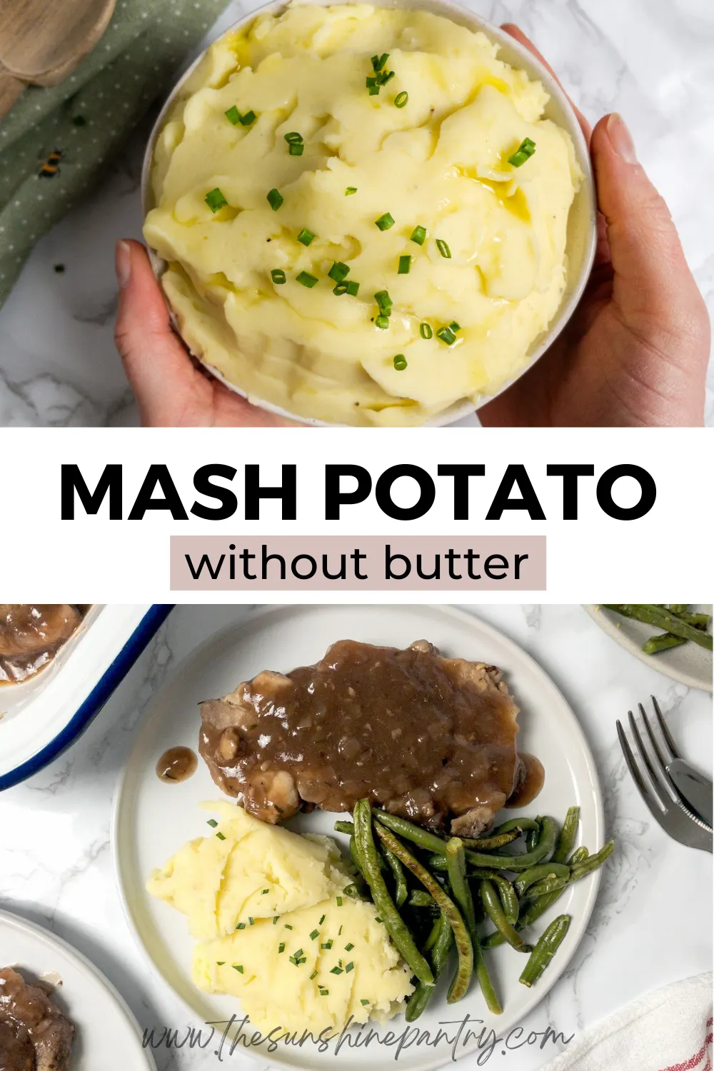 Pinterest pin for creamy dairy-free mashed potatoes made with olive oil – vegan, gluten-free potato side dish.