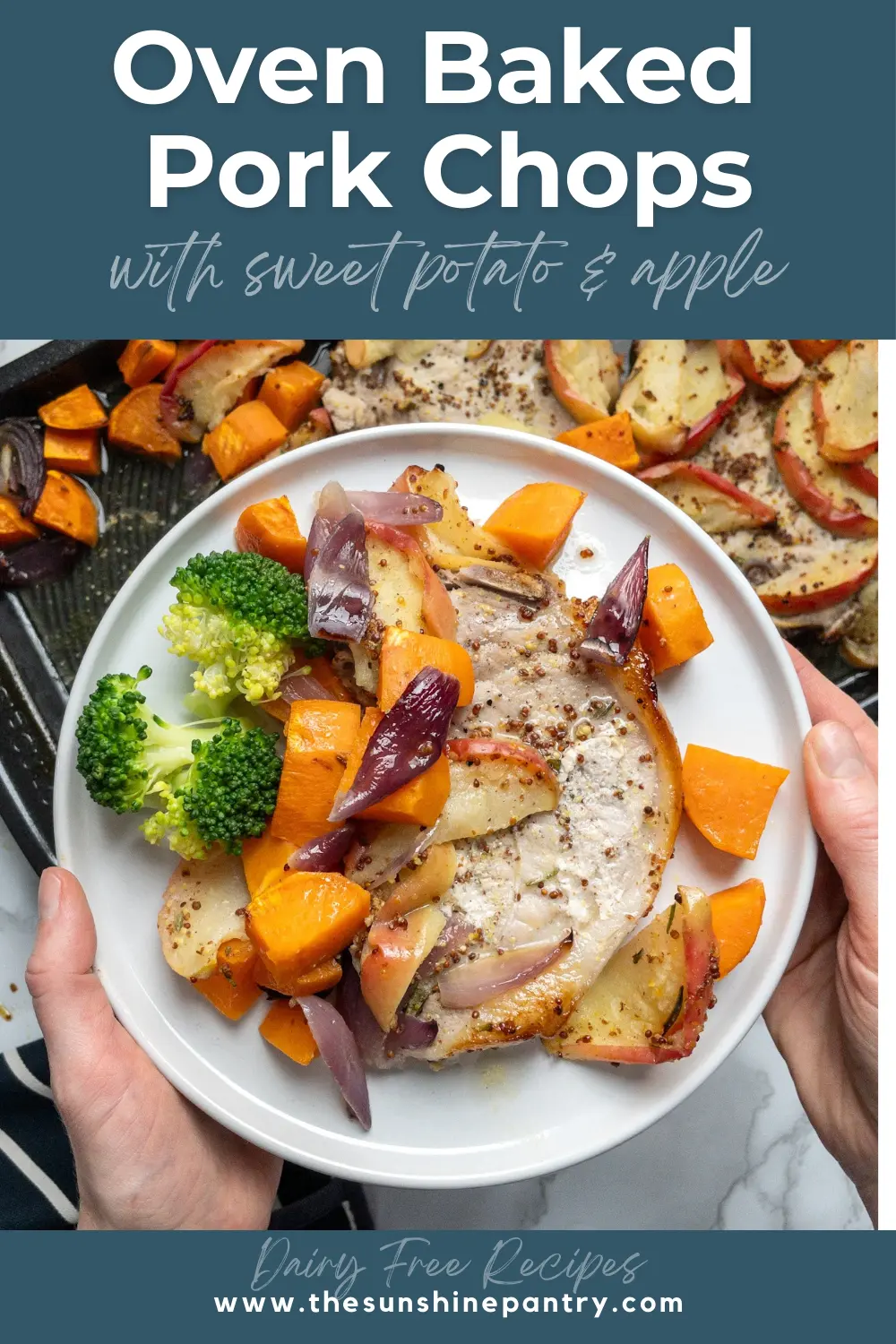 Honey mustard pork chops with sweet potatoes and apples Pinterest image.