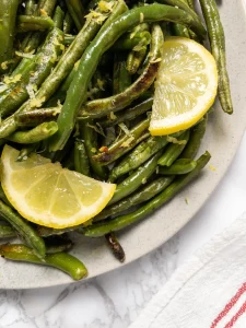 Roasted FrozenFrench green beans recipe with lemon and garlic.