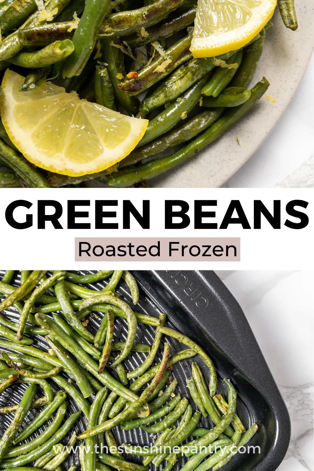 Images of roasted frozen french green beans, flavoured with lemon and garlic.