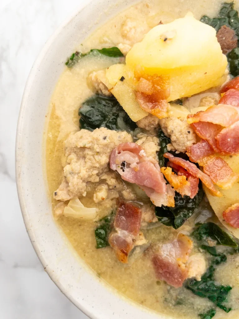 Creamy dairy free Zuppa Toscana in bowl.