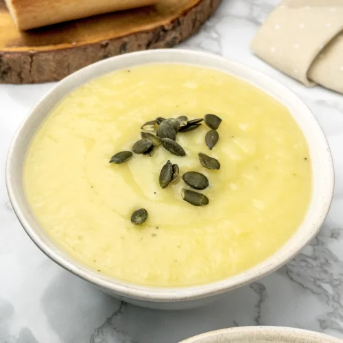 Bowl of dairy free potato leek soup.