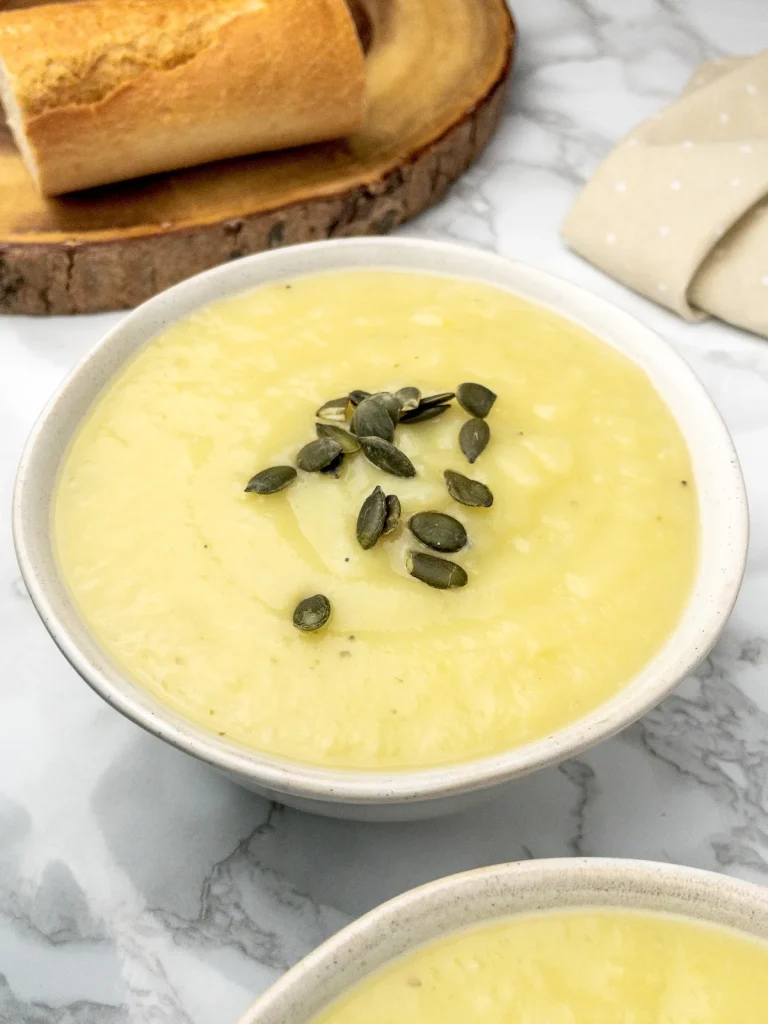 Bowl of dairy free potato leek soup.