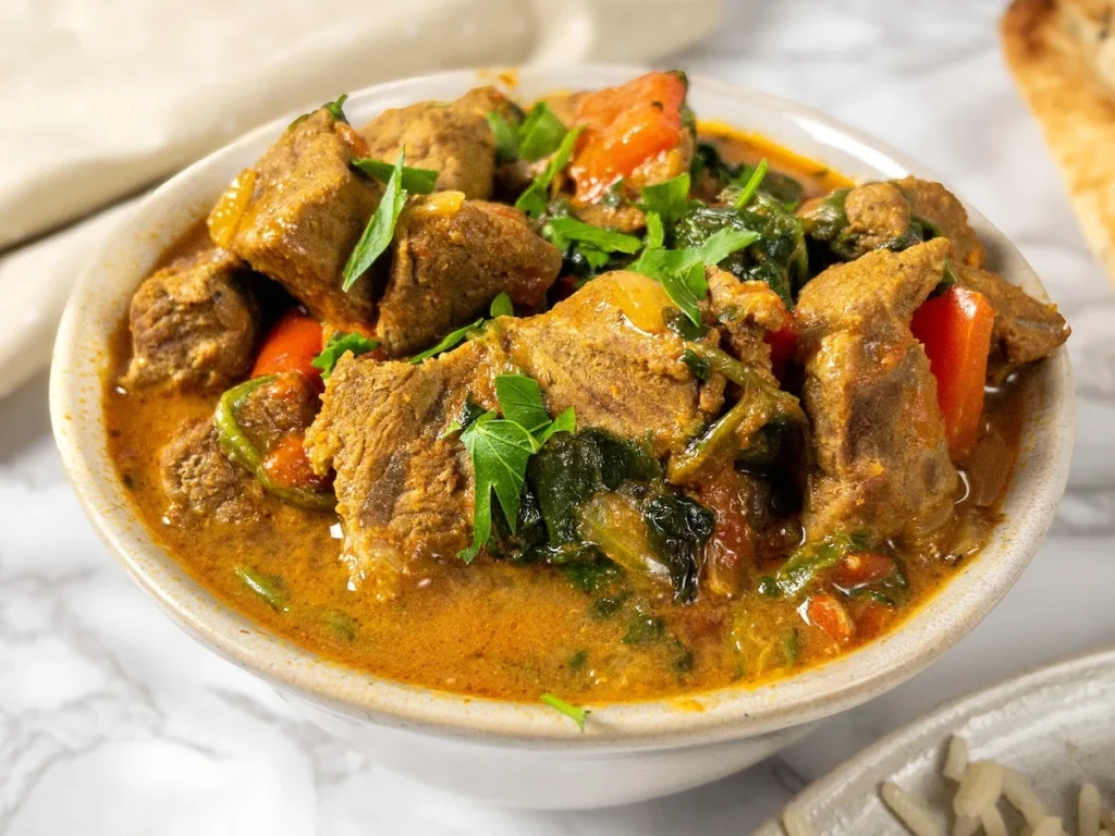 Bowl of Instant Pot beef curry.