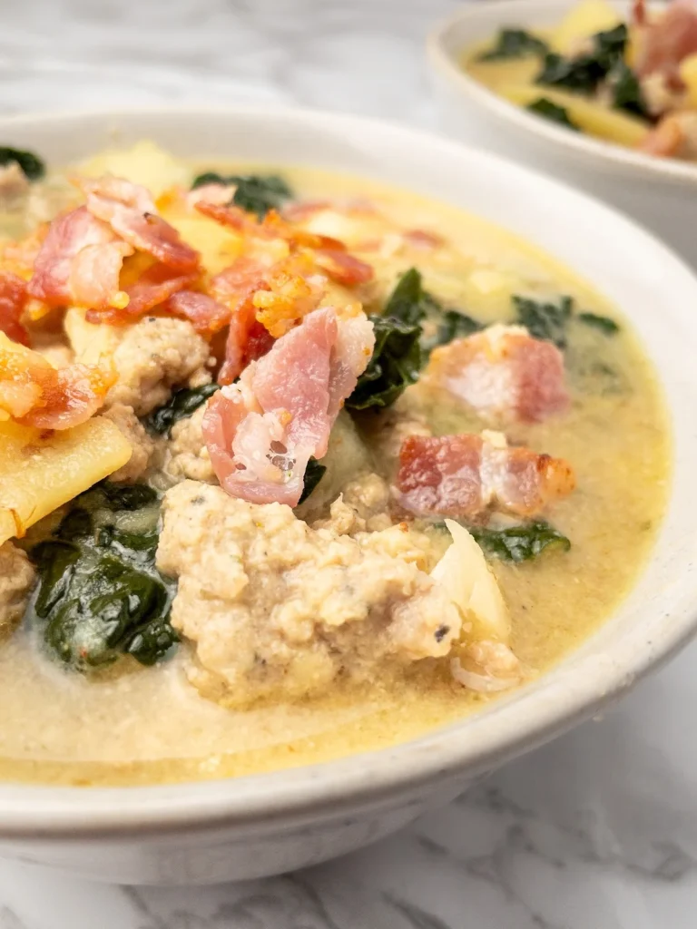 Close-up of dairy-free Zuppa Toscana soup.