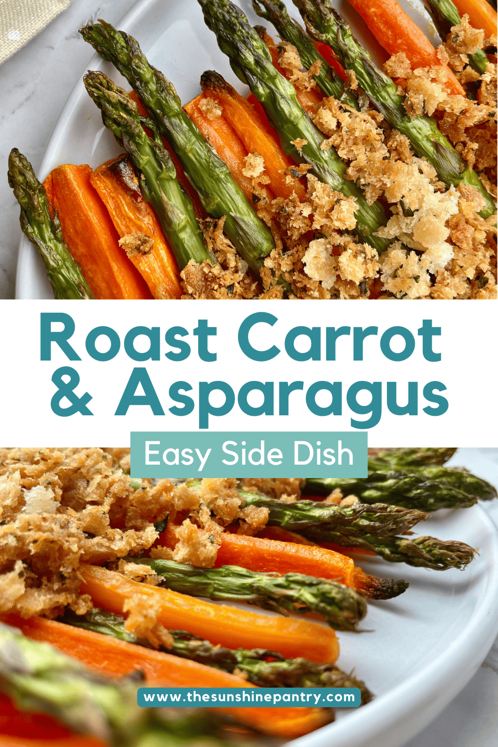 Roasted carrot and asparagus with golden breadcrumb topping – easy side dish recipe.