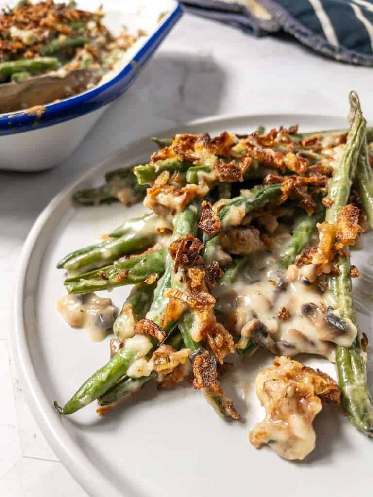 Plated dairy-free green bean casserole.