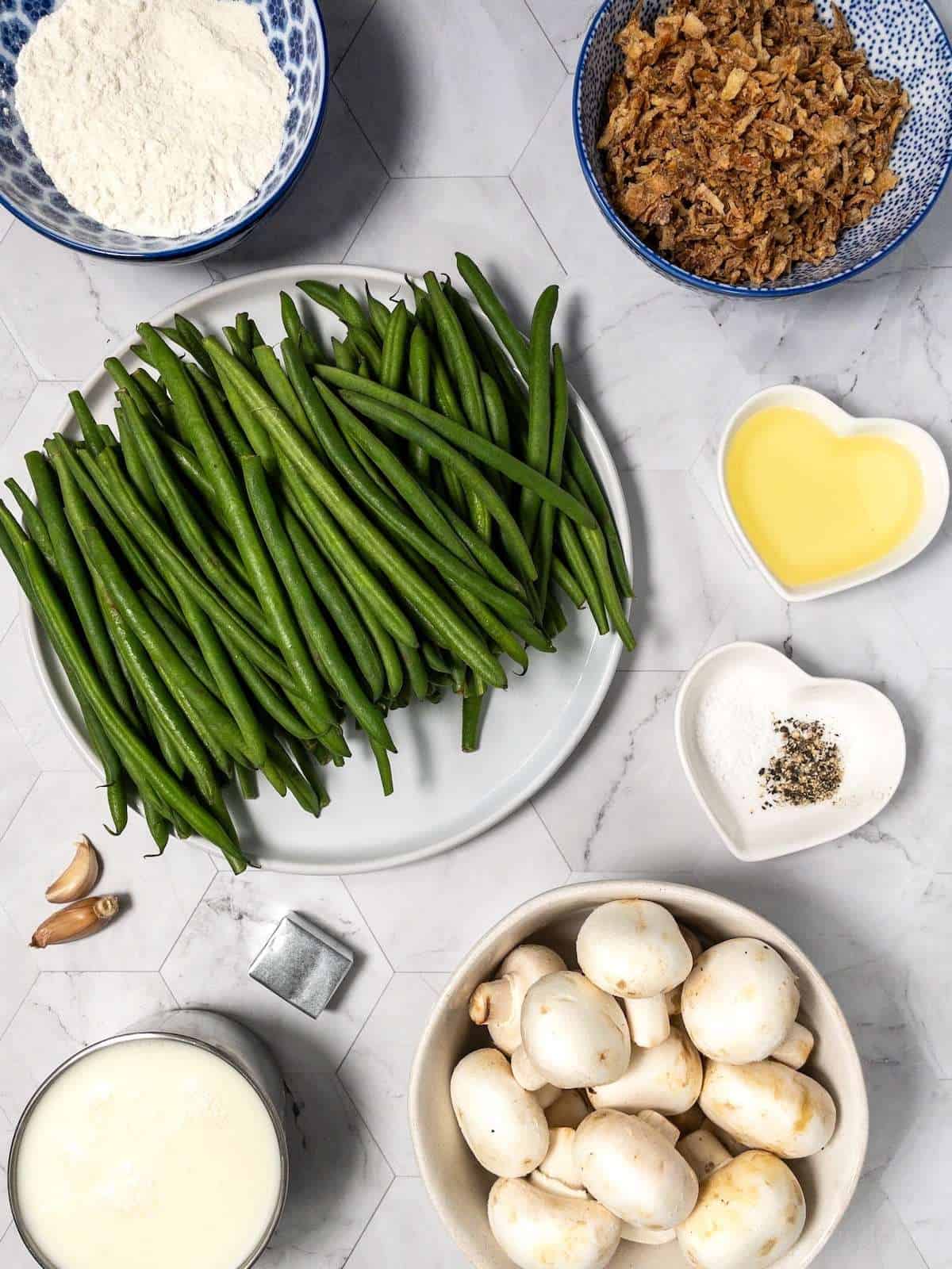 The ingredients for dairy free green bean casserole.