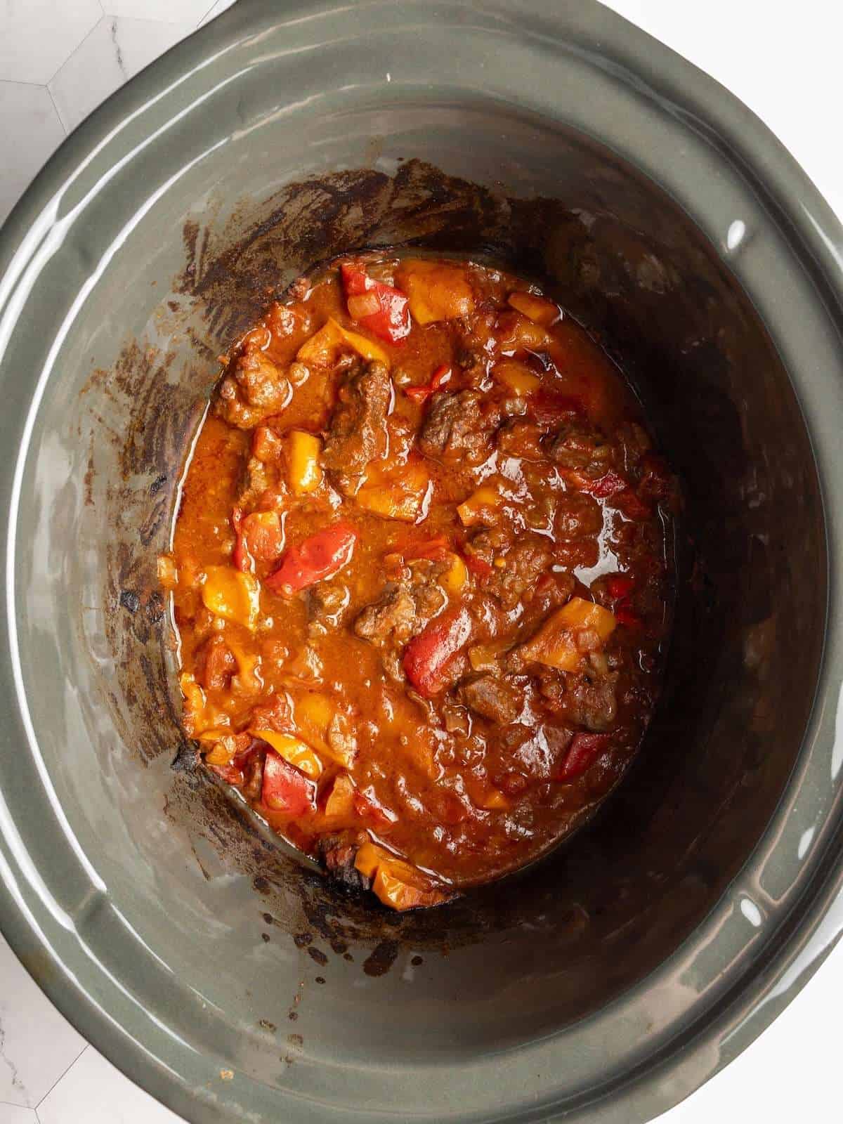 Cooked goulash in the slow cooker.