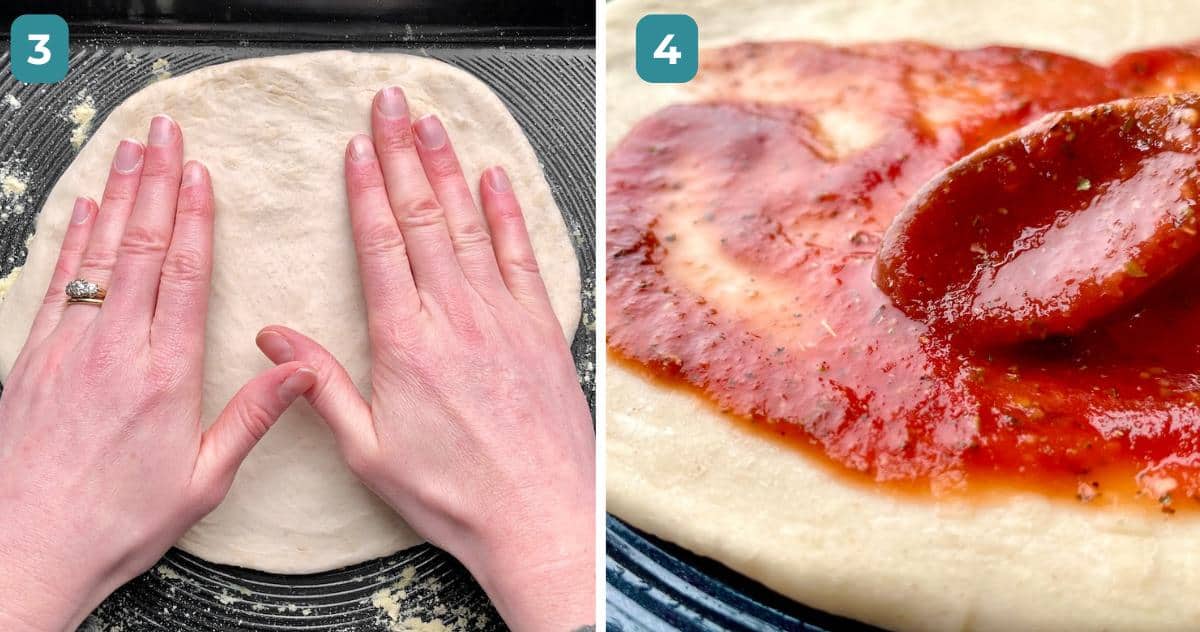 Hands pressing homemade pizza dough on a baking tray and the tomato sauce being spread on the base.