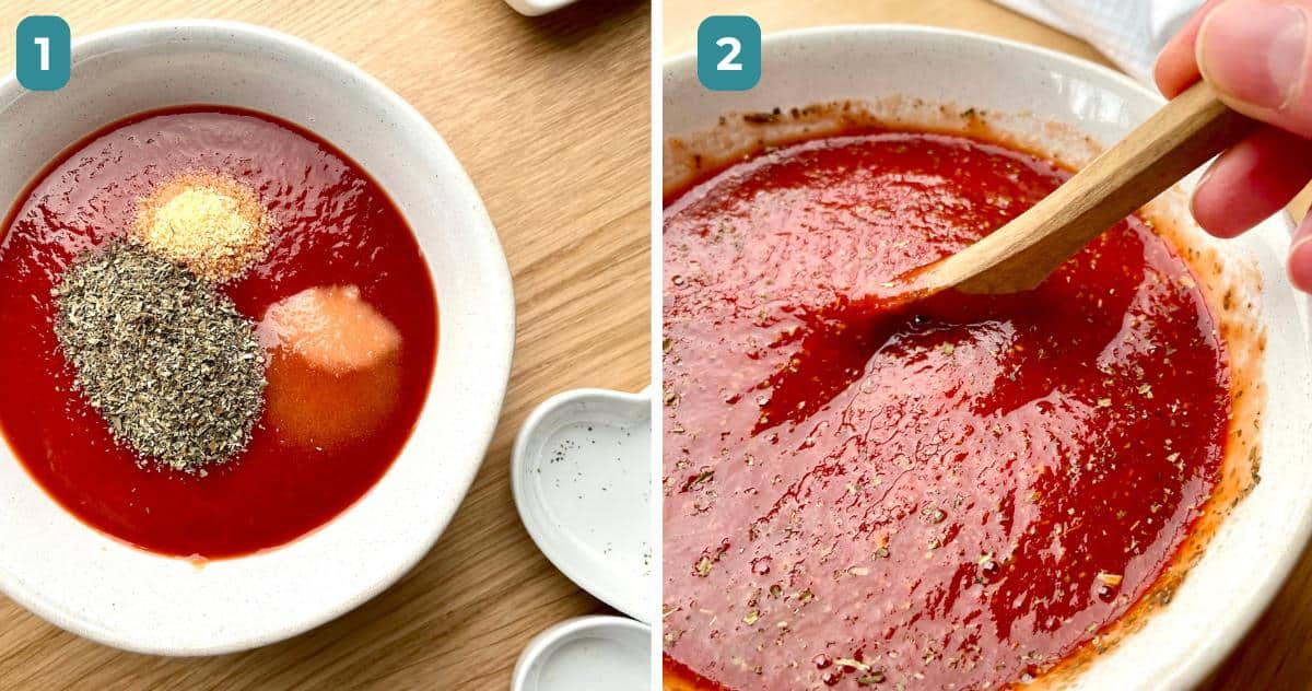 The tomato pizza sauce being assembled and mixed in a bowl.